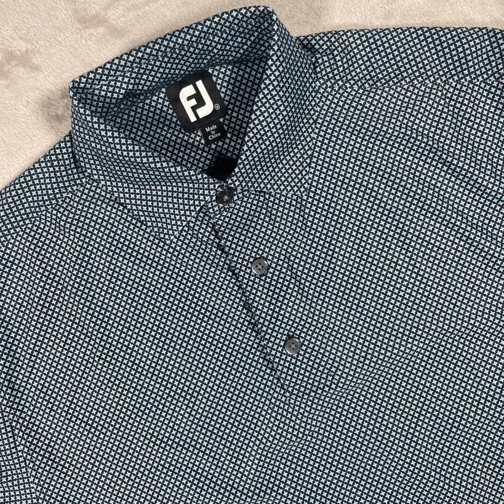 FootJoy Polo Shirt Geometric Micro Print Mens Medium Blue Performance Stretch